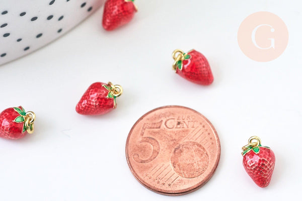 Pendentif fraise laiton doré 18K émail rouge 11.5mm, x1 (G5516)
