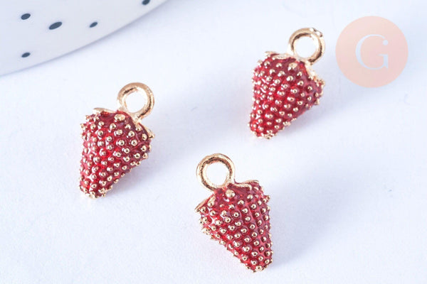 Pendentif fraise zamac doré émaillé rouge 16mm, x5 (G5265)
