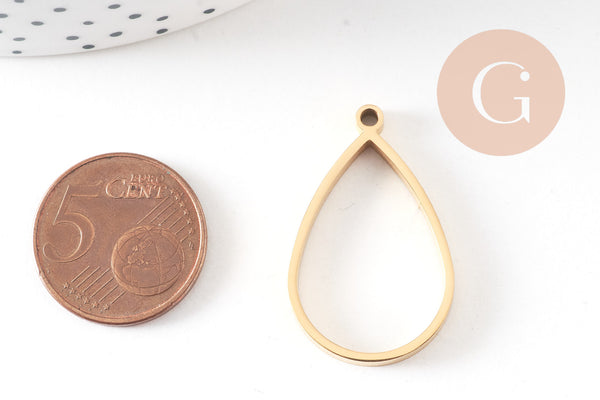 Pendentif goutte acier 304 inoxydable doré IP sans fond 32mm, x1 (G10791)