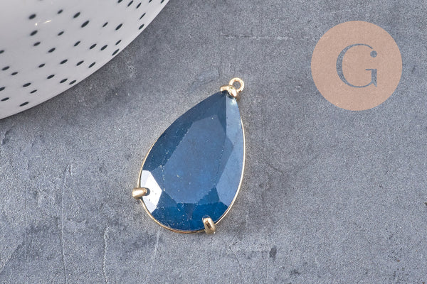 Pendentif goutte agate naturelle bleu support laiton doré 32mm, x1 (G2040)