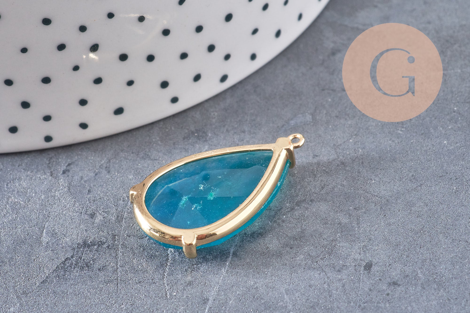Pendentif goutte agate naturelle bleue support doré 32mm, x1 (G2435)