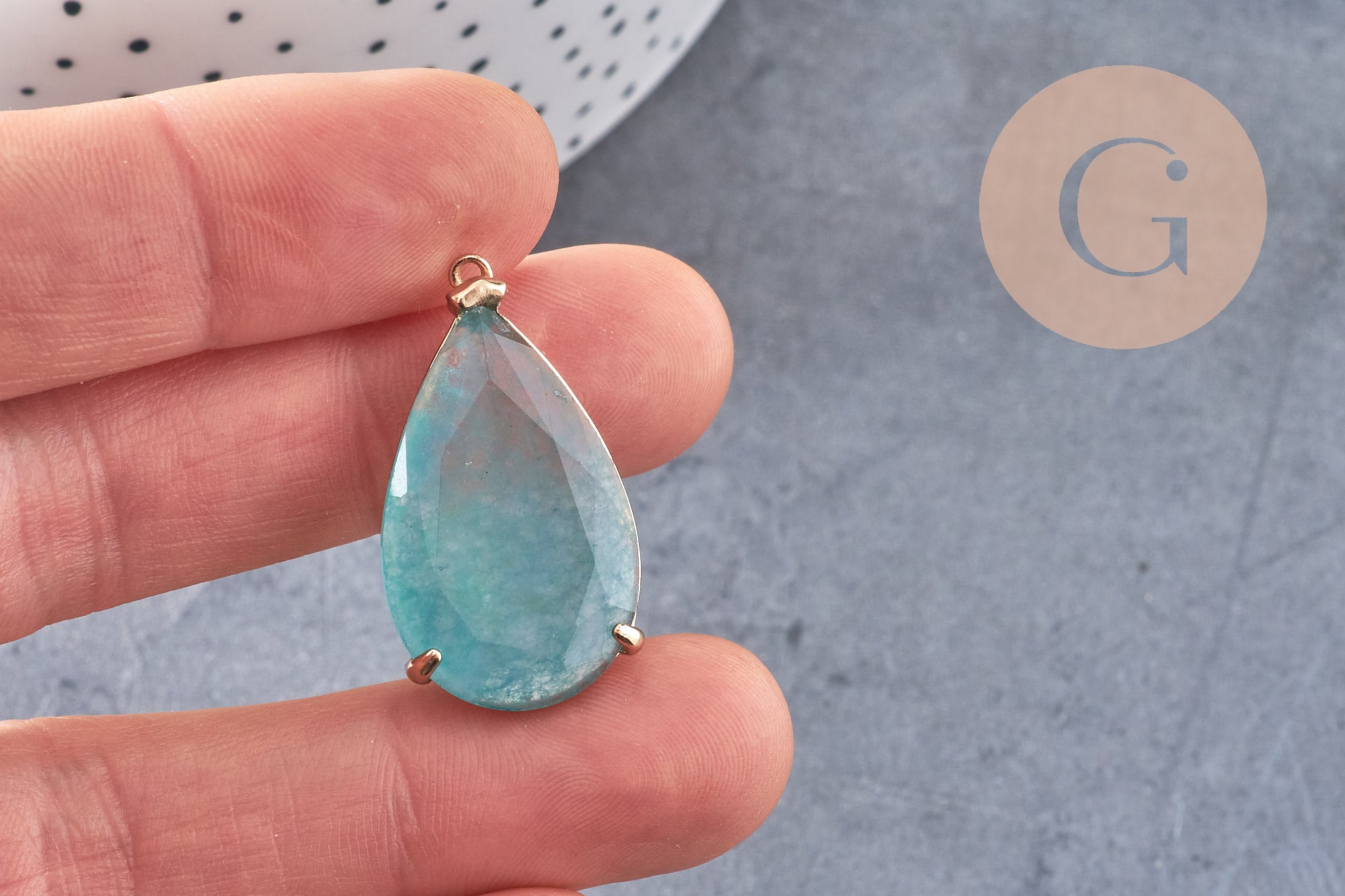 Pendentif goutte agate naturelle bleue support doré 32mm, x1 (G2435)