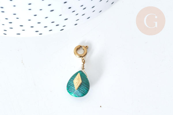 Pendentif goutte amulette imitation malachite acier inoxydable doré 21mm, pendentif pierre naturelle, x1 (G7628)