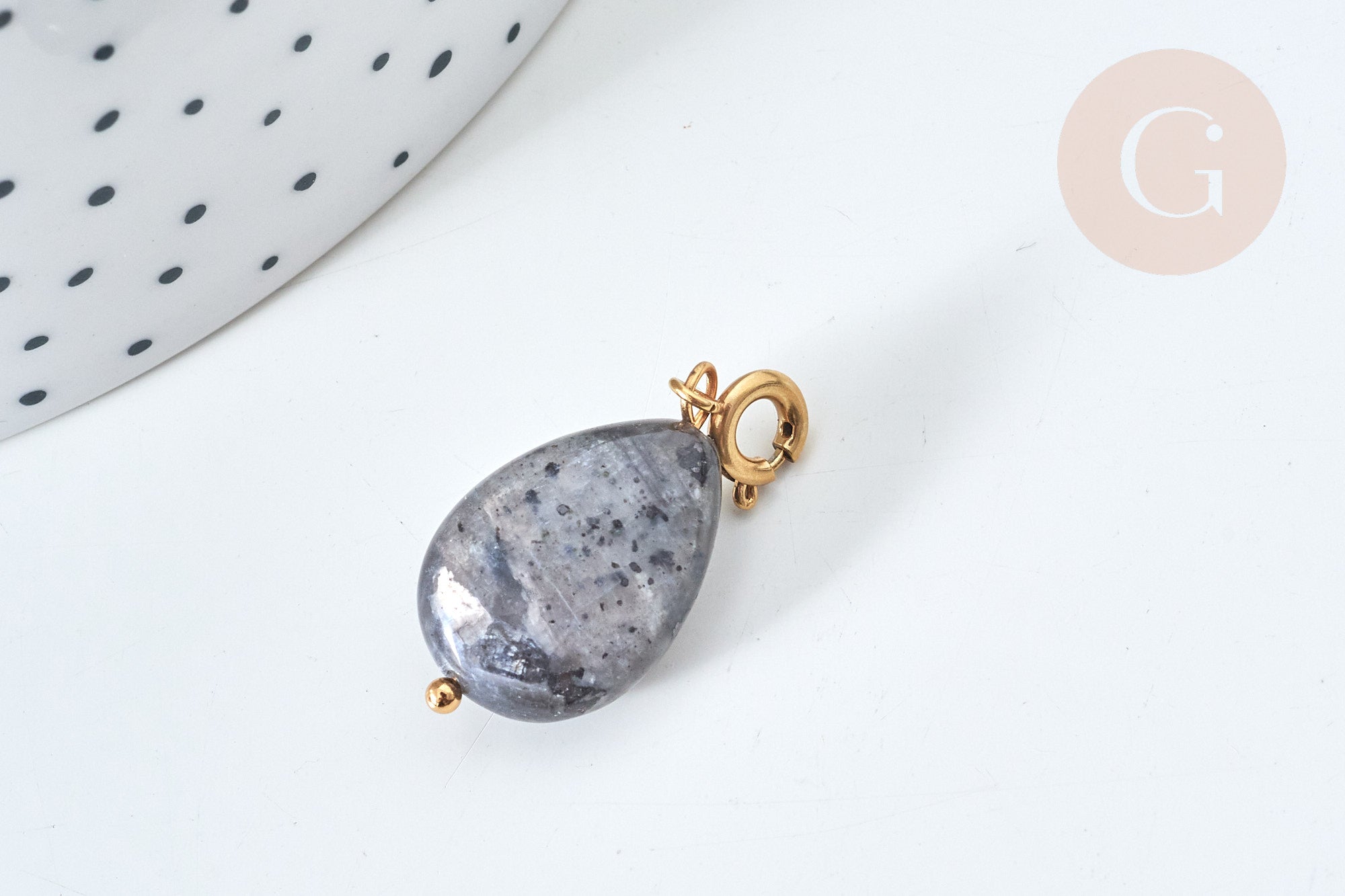 Pendentif goutte amulette, pierre labradorite naturelle, acier inoxydable doré, 27mm, x1 (G7629)