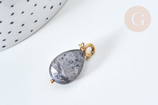 Pendentif goutte amulette, pierre labradorite naturelle, acier inoxydable doré, 27mm, x1 (G7629)
