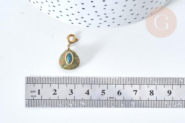 Pendentif goutte amulette unakite naturelle acier inoxydable doré 21mm, pendentif pierre naturelle, x1 G7630