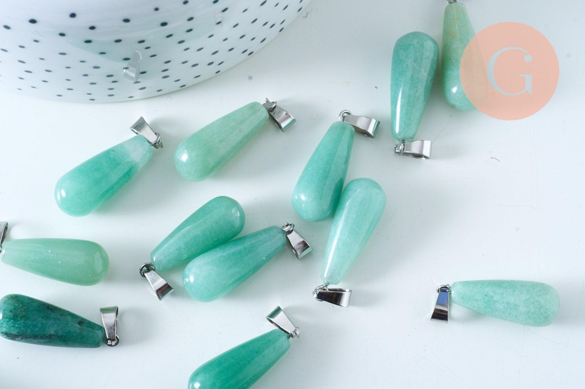 Pendentif goutte aventurine naturelle roulée acier inoxydable platine 28mm, x1 (G6171)