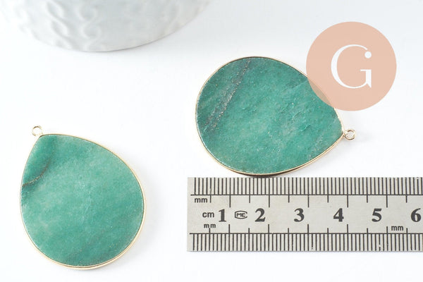 Pendentif goutte aventurine verte naturelle laiton doré 44mm, x1 (G9837)