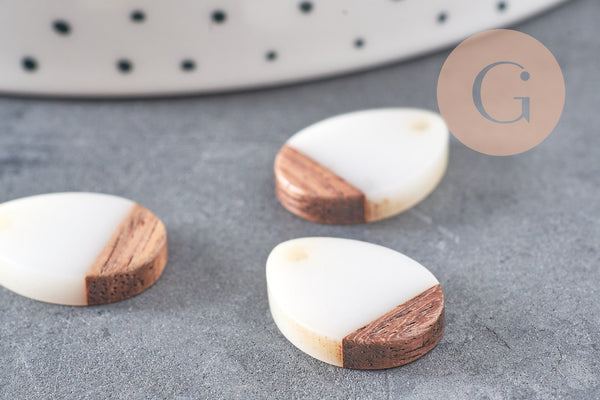 Pendentif goutte bois résine blanche 17.5mm, x5 (G1803)