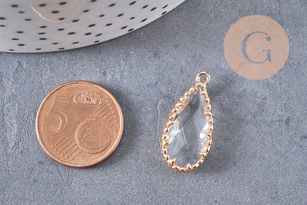 Pendentif goutte cristal transparent facetté laiton doré 25.5mm, x1 (G3105)