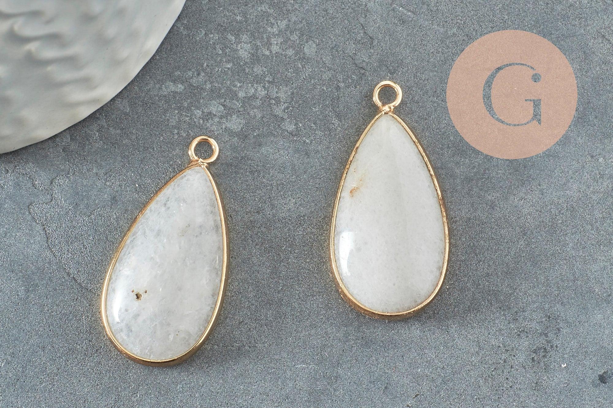 Pendentif goutte jade blanc laiton doré 33mm, x1 (G3381)