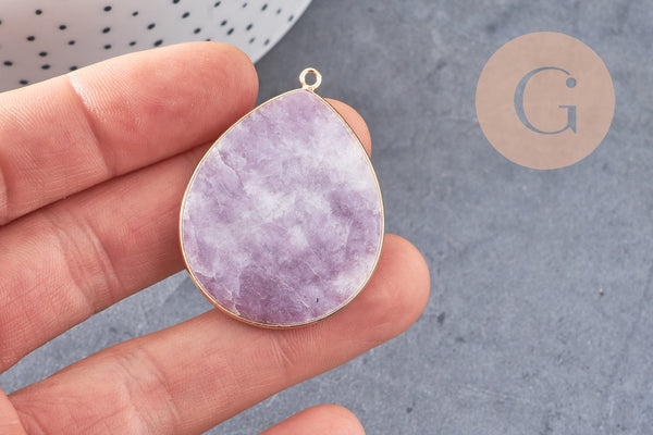 Pendentif goutte jade lilas, pendentif pierre, support doré, pierre naturelle, 17-19mm, x1 G3718
