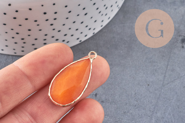 Pendentif goutte jade naturel jaune laiton doré 33mm, x1 (G0302)