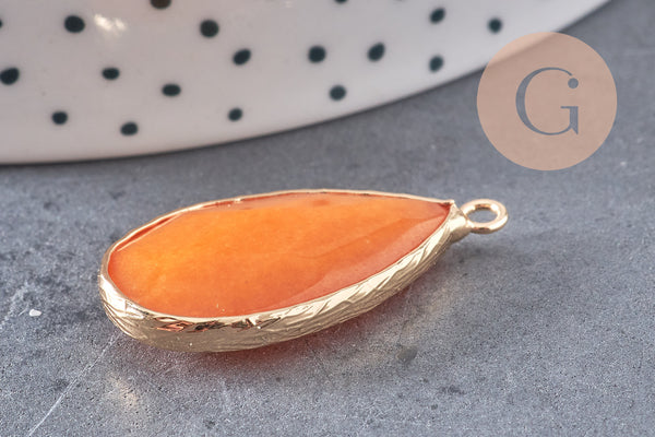Pendentif goutte jade naturel jaune laiton doré 33mm, x1 (G0302)