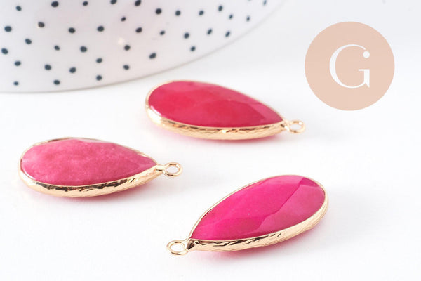 Pendentif goutte jade naturel rouge doré 33mm, x1 (G10109)