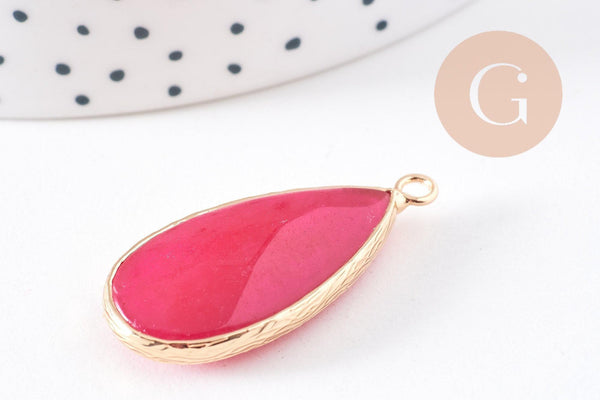 Pendentif goutte jade naturel rouge doré 33mm, x1 (G10109)