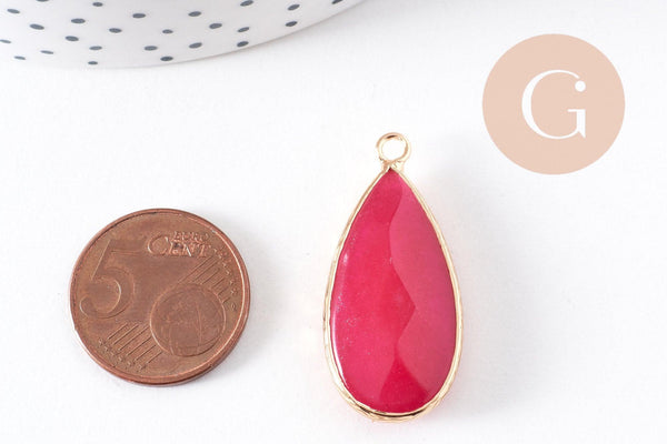 Pendentif goutte jade naturel rouge doré 33mm, x1 (G10109)