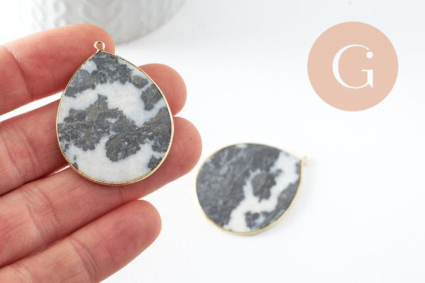 Pendentif goutte jaspe zebra naturel noir et blanc laiton doré 44mm, pierre naturelle, x1 (G9813)