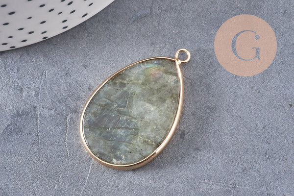 Pendentif goutte labradorite naturelle laiton doré 39mm, x1 (G2731)