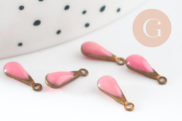 Pendentif goutte laiton brut émail rose,fournitures créatives, laiton doré, pendentif goutte, 11mm, x10 G2420