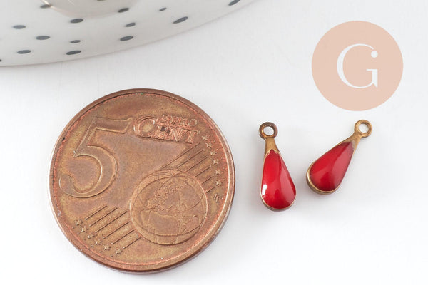 Pendentif goutte laiton brut émail rouge fournitures créatives, laiton doré, pendentif goutte,11mm, x10 G0810
