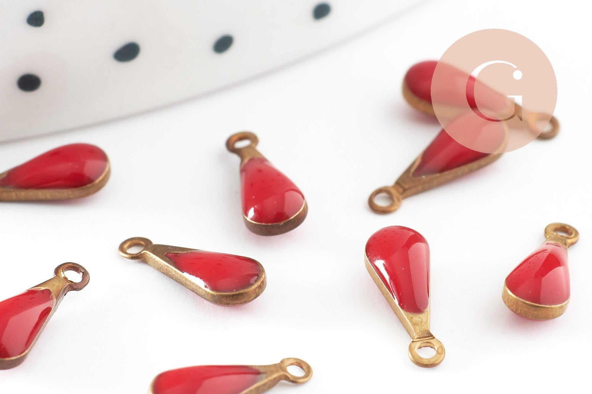 Pendentif goutte laiton brut émail rouge fournitures créatives, laiton doré, pendentif goutte,11mm, x10 G0810