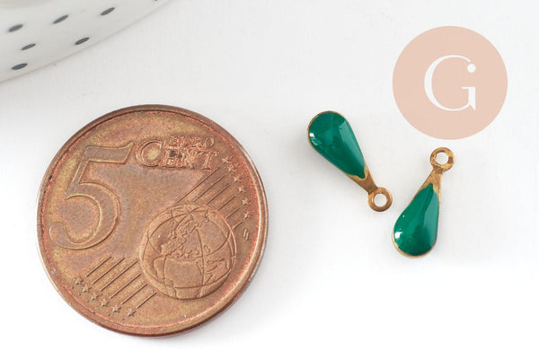 Pendentif goutte laiton brut émail vert, fournitures créatives, laiton doré, pendentif goutte,11mm, x10 G0809