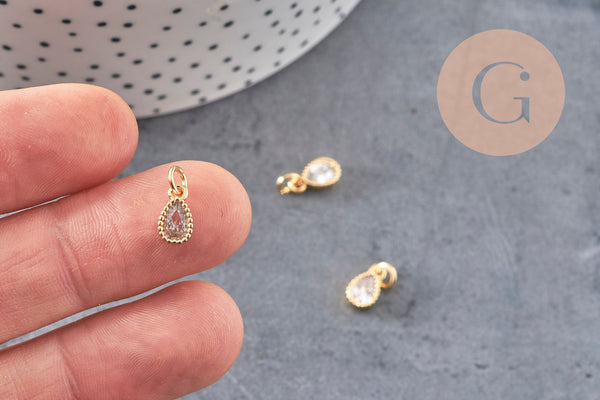 Pendentif goutte laiton doré zircon blanc 10mm,pendentif doré cristal, création bijoux x1 (G9673)