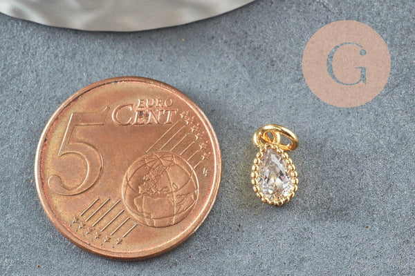 Pendentif goutte laiton doré zircon blanc 10mm,pendentif doré cristal, création bijoux x1 (G9673)