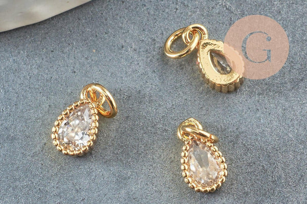 Pendentif goutte laiton doré zircon blanc 10mm,pendentif doré cristal, création bijoux x1 (G9673)
