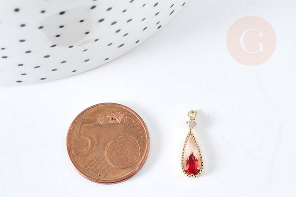 Pendentif goutte laiton doré zircon cristal rouge 17.5mm, x1 (G8435)