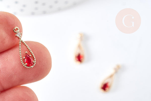 Pendentif goutte laiton doré zircon cristal rouge 17.5mm, x1 (G8435)