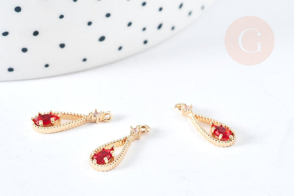Pendentif goutte laiton doré zircon cristal rouge 17.5mm, x1 (G8435)