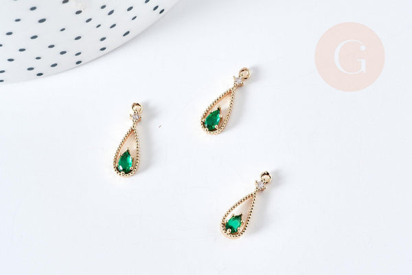 Pendentif goutte laiton doré zircon cristal vert 17,5mm, pendentif création bijoux, x1 G8436