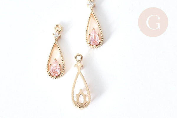 Pendentif goutte laiton doré zircons rose clair 17,5mm, pendentif création bijoux, x1 G8084