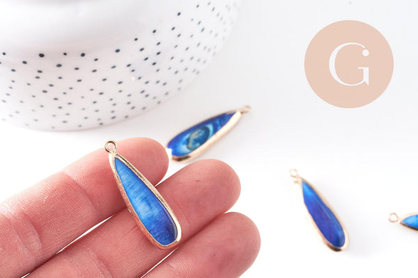 Pendentif goutte nacre naturelle bleue doré,nacre bleu ,bijou nacre,coquillage bleu, x1 (G3098)