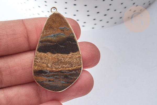 Pendentif goutte œil de tigre doré 45mm, pendentif pierre œil de tigre naturel, x1 (G7938)