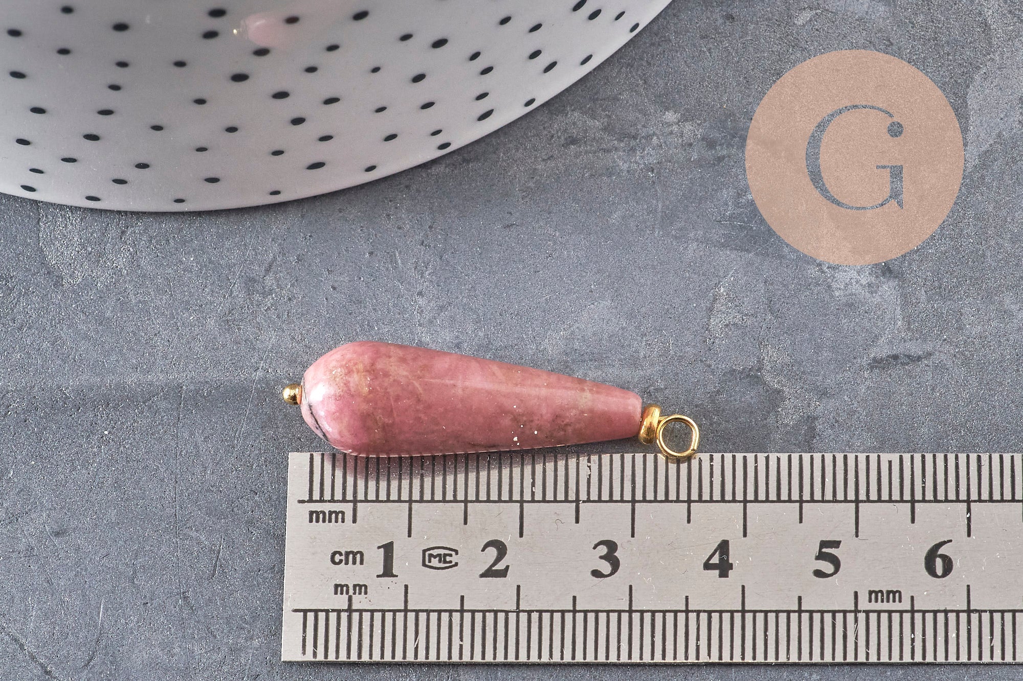 Pendentif goutte rhodonite naturelle laiton & acier doré 38mm, x1 (G11122)