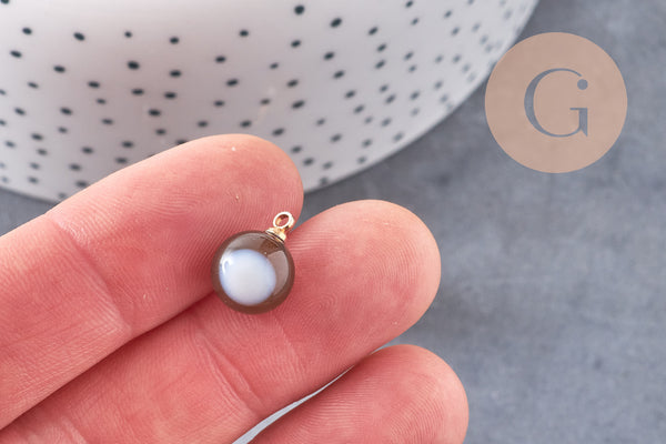 Pendentif goutte rond agate noire rayée laiton doré 14mm, x1 (G4787)