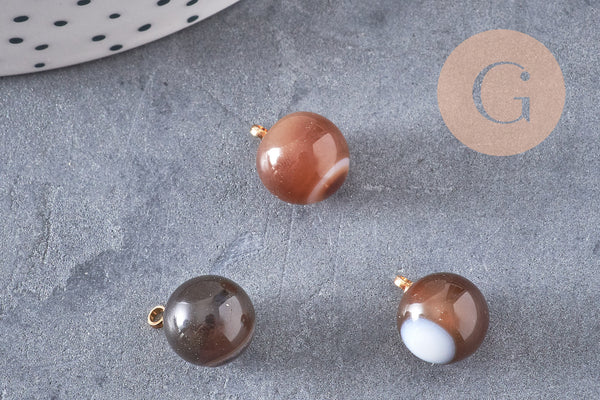 Pendentif goutte rond agate noire rayée laiton doré 14mm, x1 (G4787)