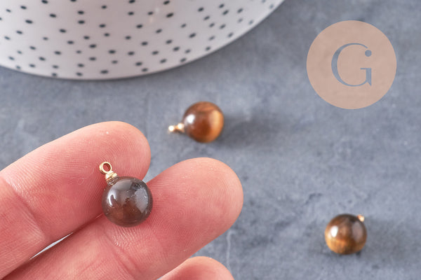 Pendentif goutte rond oeil de tigre naturel, support doré, création bijoux pierre naturelle, pendentif pierre naturelle, 14mm, x1, G4565