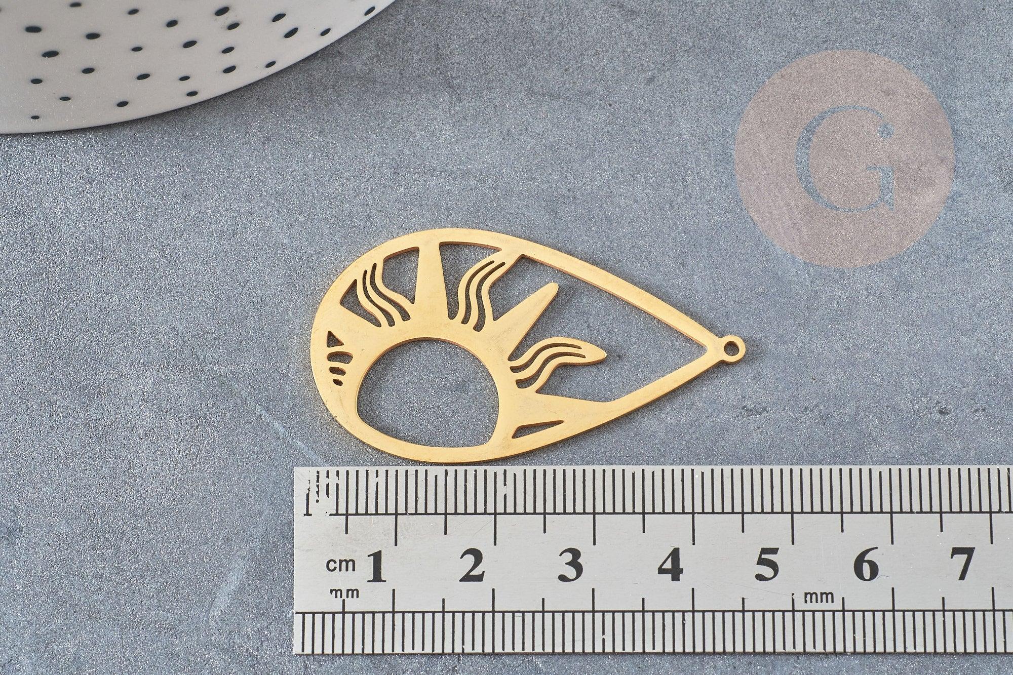 Pendentif goutte soleil acier 201 inoxydable dore 45mm ,breloque acier inoxydable doré, x1 G5689