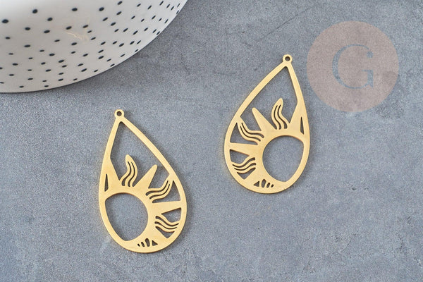 Pendentif goutte soleil acier 201 inoxydable dore 45mm ,breloque acier inoxydable doré, x1 G5689