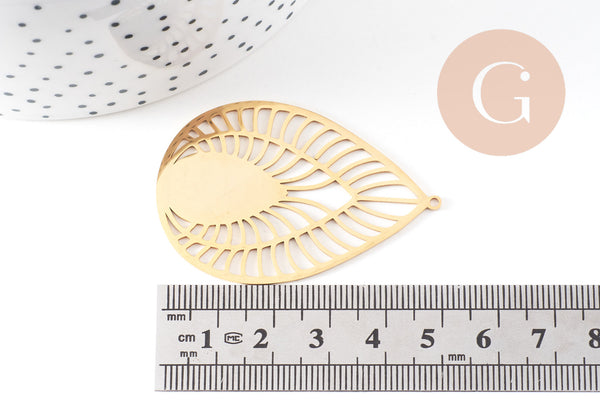 Pendentif goutte soleil acier 201 inoxydable dore 52mm ,breloque acier inoxydable doré filigrane sans nickel pour création bijoux, x1 G6119