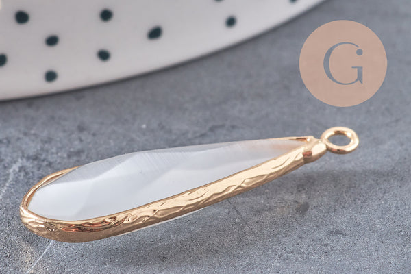 Pendentif goutte verre blanc facettes doré, fournitures créatives, pendentif pierre,verre œil de chat,31mm, x1 G5192