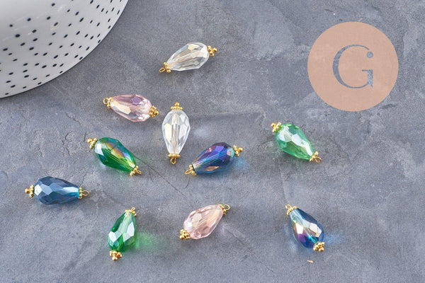Pendentif goutte verre facetté irisé zamac doré, pendentif doré verre artisanal, 20-21mm, X10 (G5042)