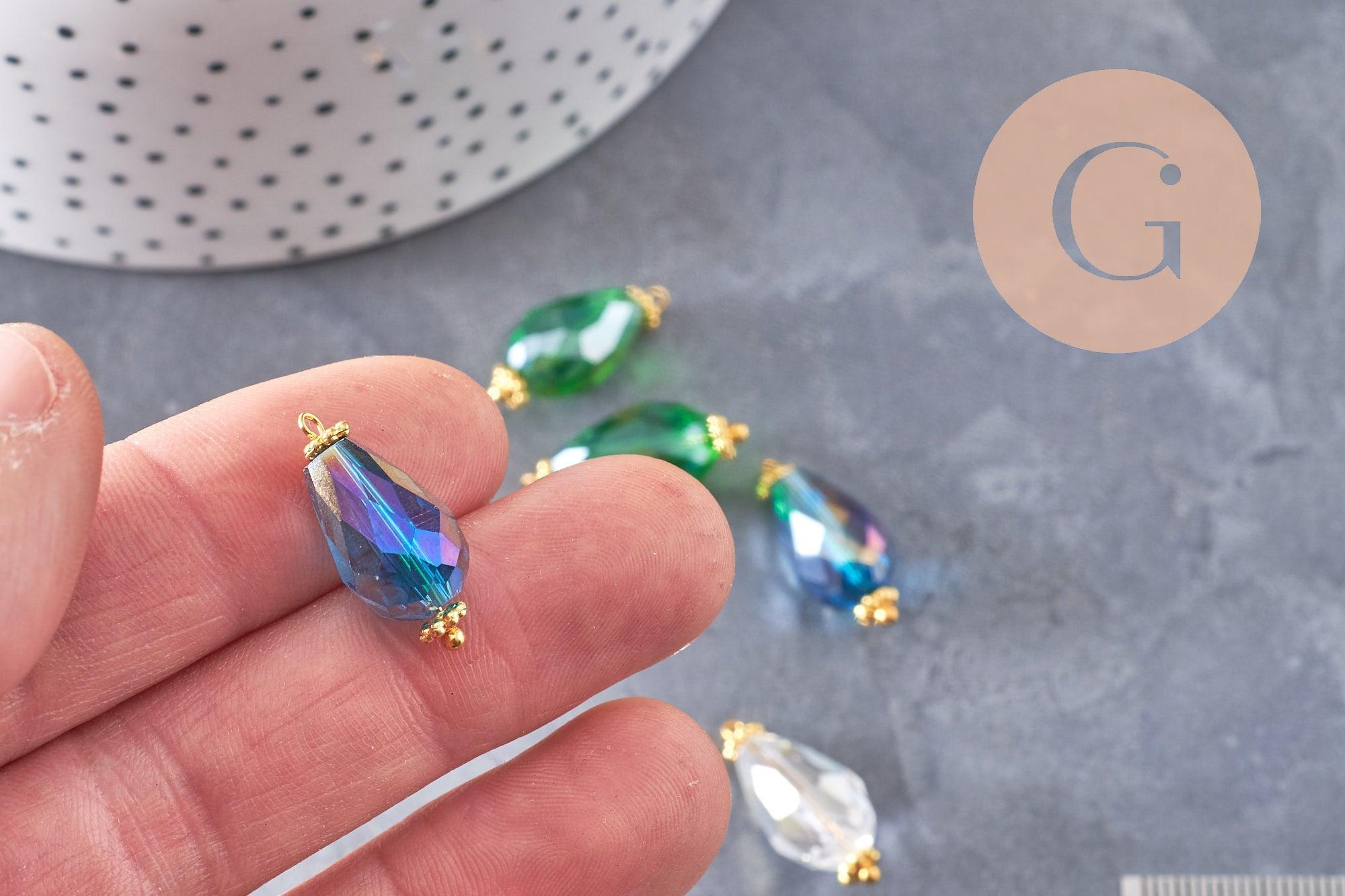 Pendentif goutte verre facetté irisé zamac doré, pendentif doré verre artisanal, 20-21mm, X10 (G5042)