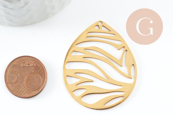 Pendentif goutte zèbre acier 201 inoxydable dore 45mm, x1 (G9520)