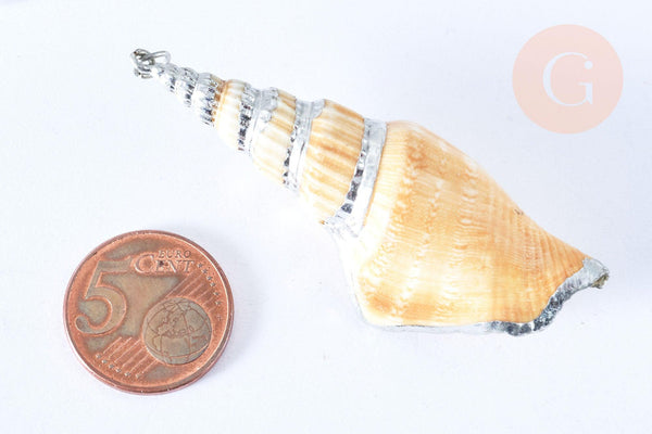 Pendentif grand coquillage naturel spirale beige argenté 58-66mm, pendentif création bijoux coquillage, x1 G7160