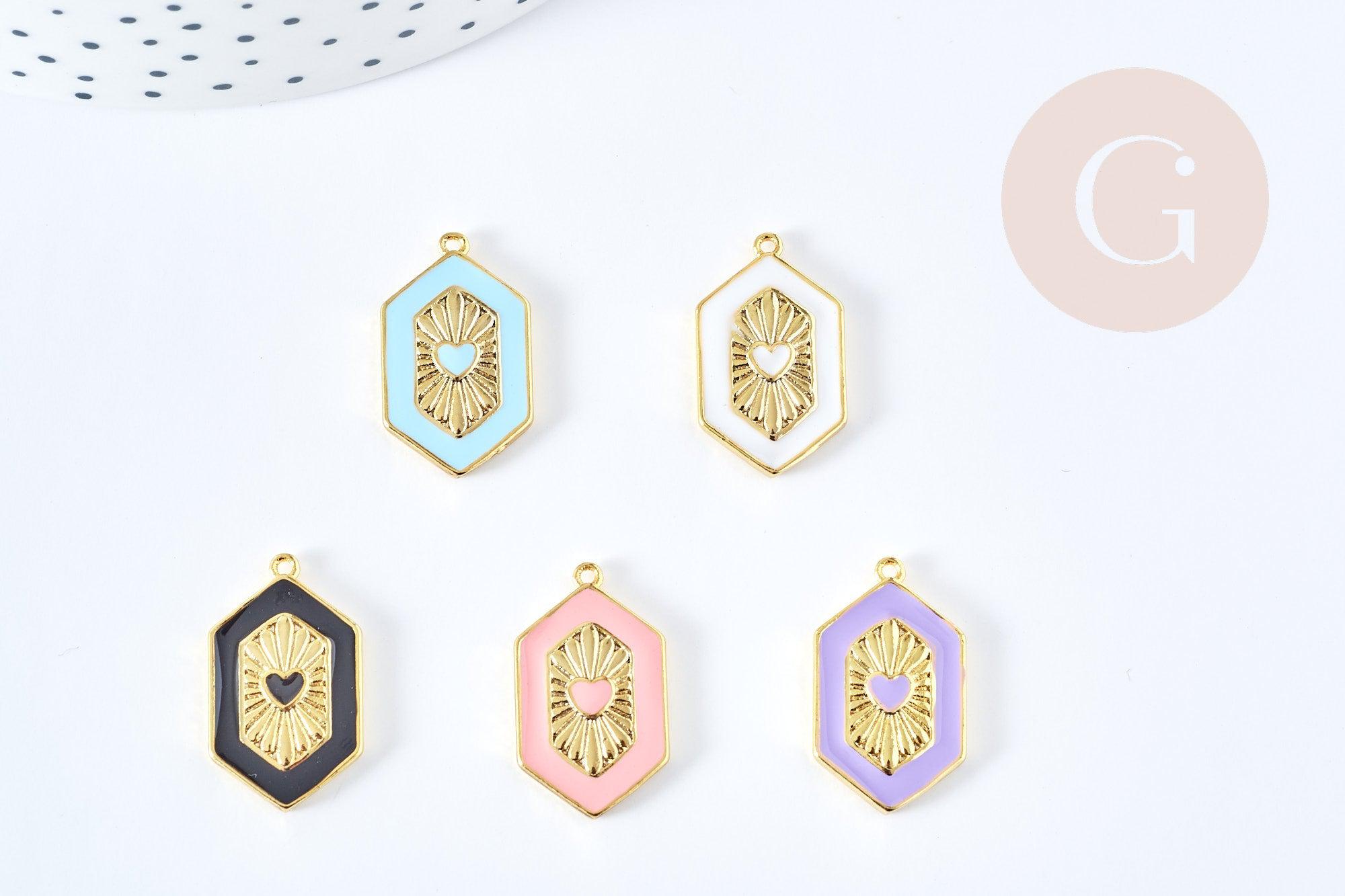 Pendentif hexagone Coeur émail coloré laiton doré 23x13x2mm, pendentif coloré, pendentif coeur, laiton doré, 23mm G8860